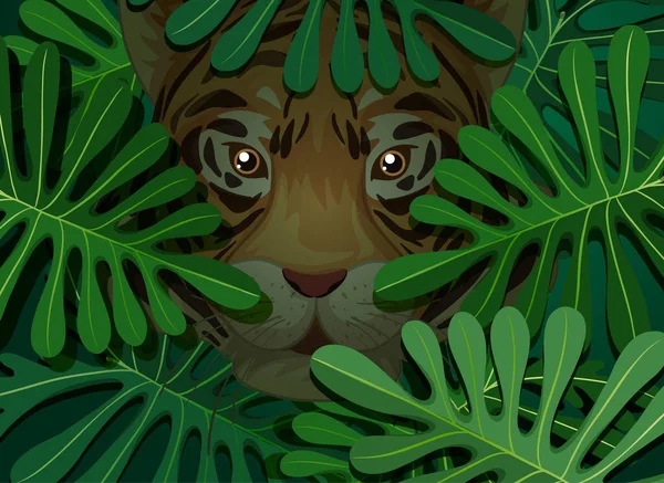Tygrys Ukryte Tropikalnych Liści Tła Ilustracja — Wektor stockowy