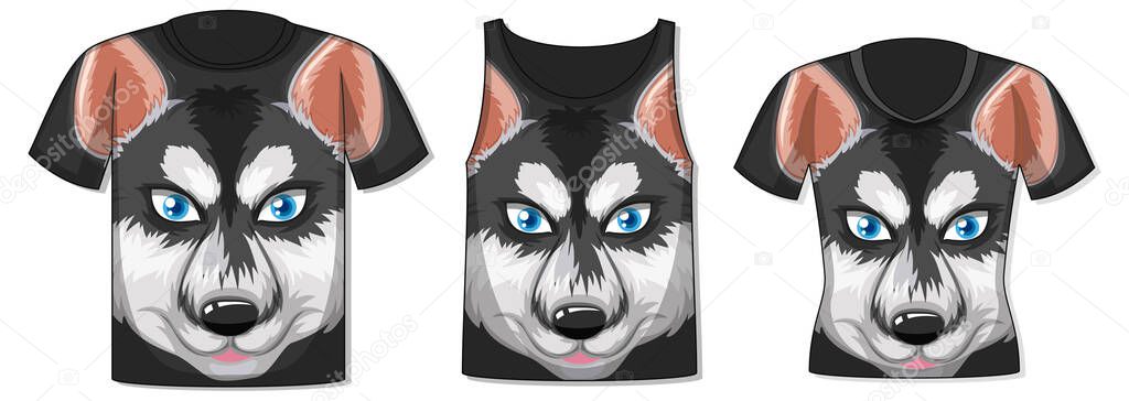 Different types of tops with siberian husky pattern illustration