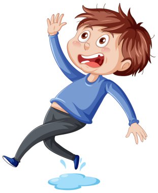 Beyaz arkaplanda ıslak zeminde kayan çocuk