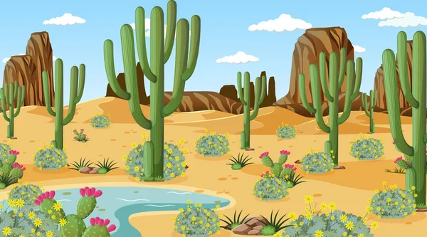 Woestijnbos Landschap Overdag Scène Met Veel Cactussen Illustratie — Stockvector