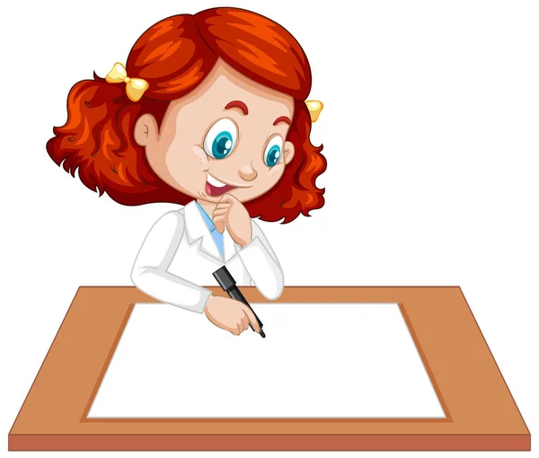 Cute Girl Wearing Scientist Uniform Writing Blank Paper Illustration — Stock Vector