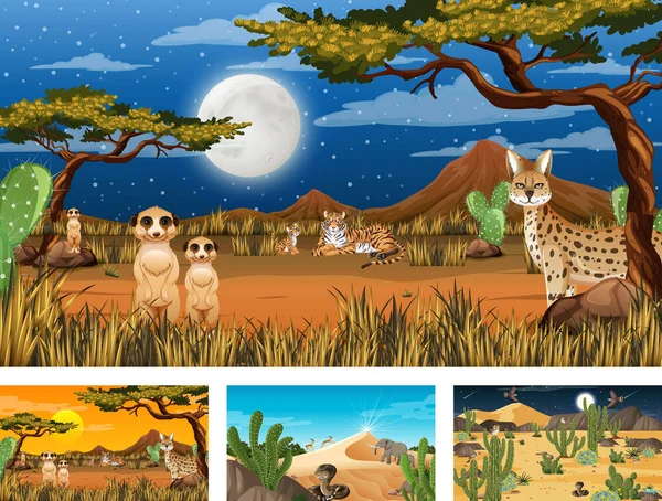 Différentes Scènes Avec Paysage Forestier Désertique Avec Des Animaux Des — Image vectorielle