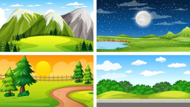 Doğa parkı ve orman illüstrasyonunun dört farklı sahnesi