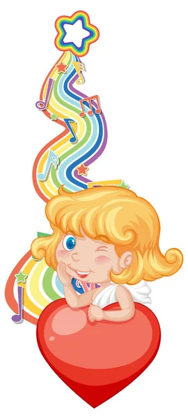 彩虹波图上有旋律符号的丘比特女孩 — 图库矢量图片