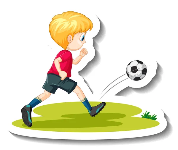 Niño Jugando Fútbol Dibujos Animados Personaje Pegatina Ilustración — Archivo Imágenes Vectoriales