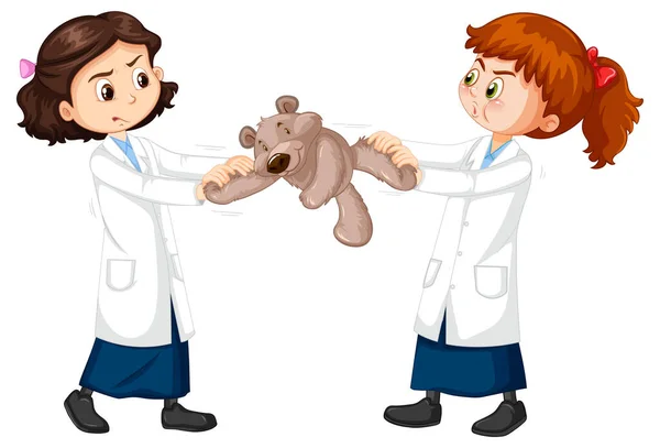 Two Scientist Girls Fighting Teddybear Illustration Stock Vector