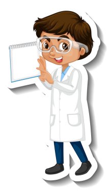 Çizgi film karakteri çıkartması. Üzerinde bilim elbisesi çizimi olan bir çocuk var.