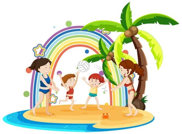 Arcobaleno Sull Isola Con Bambini Che Giocano Pallavolo Illustrazione — Vettoriale Stock