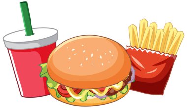 Hamburger ve patates kızartması resimli fast food seti.
