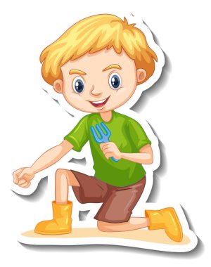 Elinde bahçe malzemesi olan bir çocuk çizgi film karakteri çıkartması çizimi