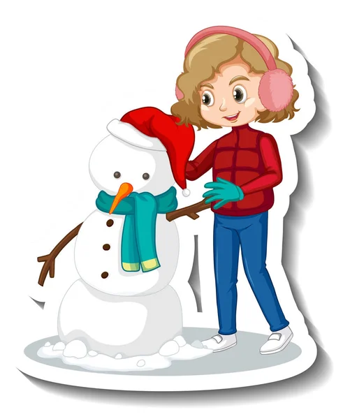 Cartoon Character Girl Building Snowman Sticker Illustration — Stock Vector