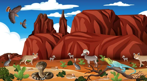 Desert forest landscape at daytime scene with willd animals illustration