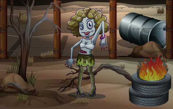 bir kadın zombi lastikleri ile bir ateş yakın