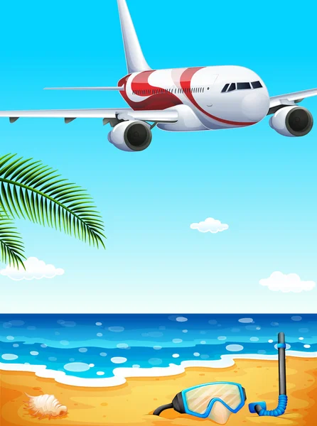 Una playa con un avión en lo alto — Vector de stock