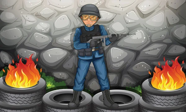 Un soldat près du mur de pierre — Image vectorielle