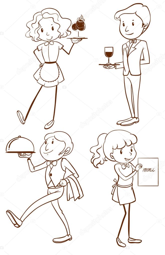 Simple drawings of waiters and waitresses