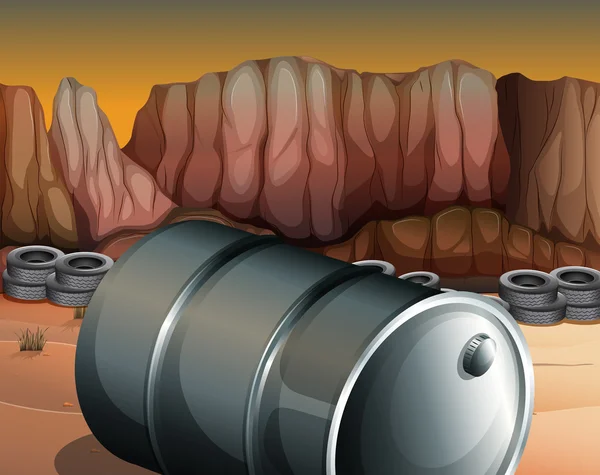 Un désert avec un tonneau et des pneus — Image vectorielle