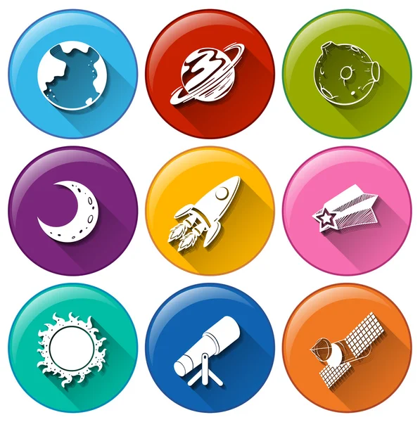 Round icons with things in the outerspace — Stock Vector