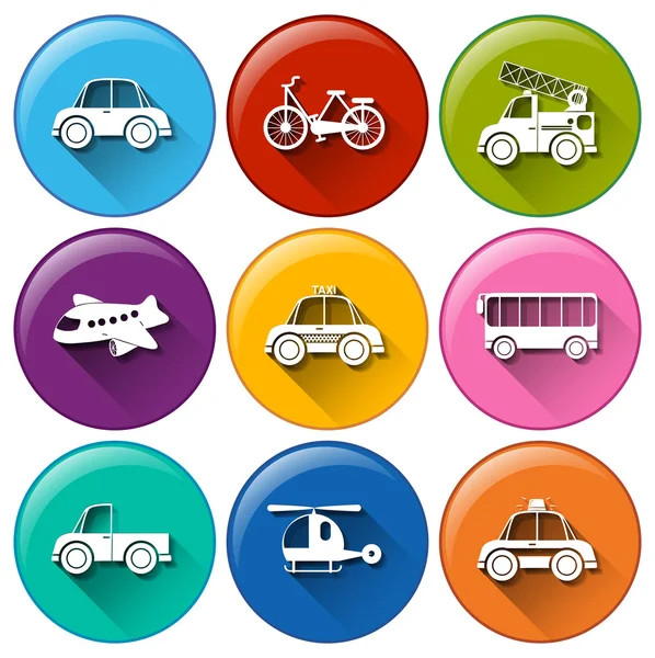 Round buttons with the different transportations — Stock Vector