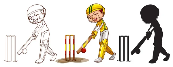 Schetsen van een jongen spelen cricket in verschillende kleuren — Stockvector