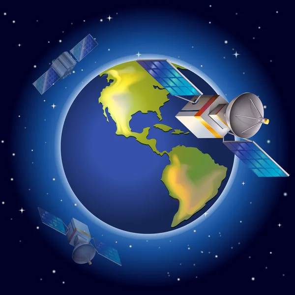 Satellieten die rond de planeet — Stockvector