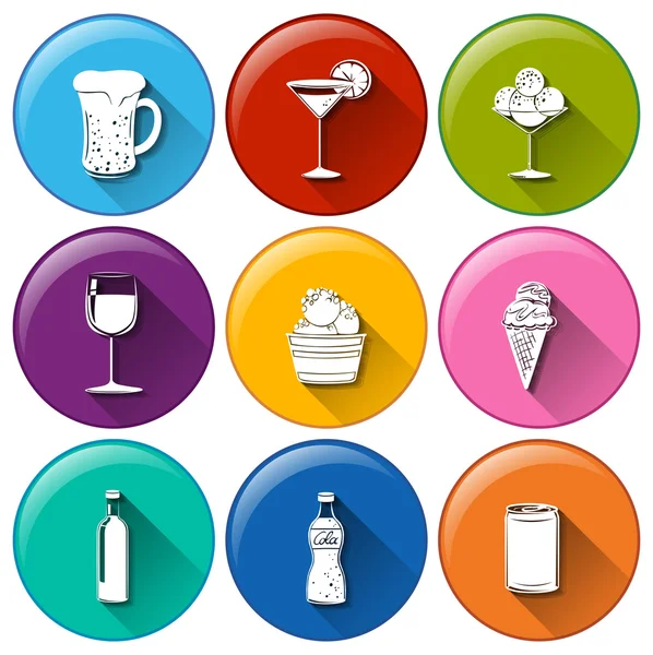Runde Symbole mit den verschiedenen Erfrischungsgetränken — Stockvektor