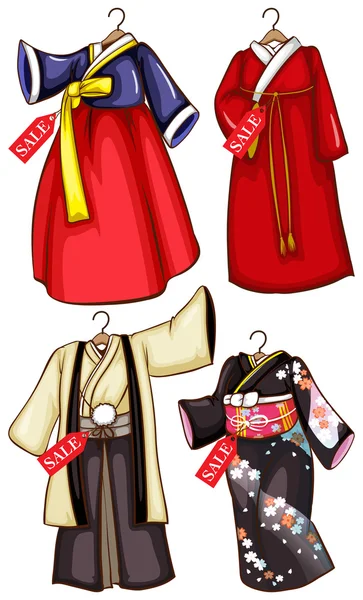 Simple sketches of the Asian costumes on sale — Stock Vector
