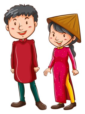 Bir kız ve bir erkek Asya kostümleri giyen