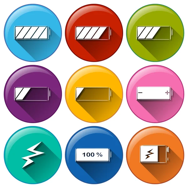 Round icons with batteries charging — Stock Vector