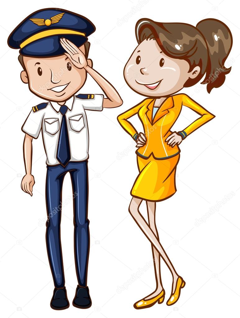 A simple coloured sketch of a pilot and a hostess
