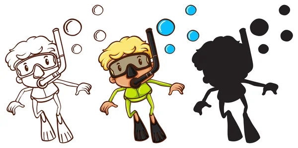 Skizzen eines Jungen beim Schnorcheln in drei verschiedenen Farben — Stockvektor