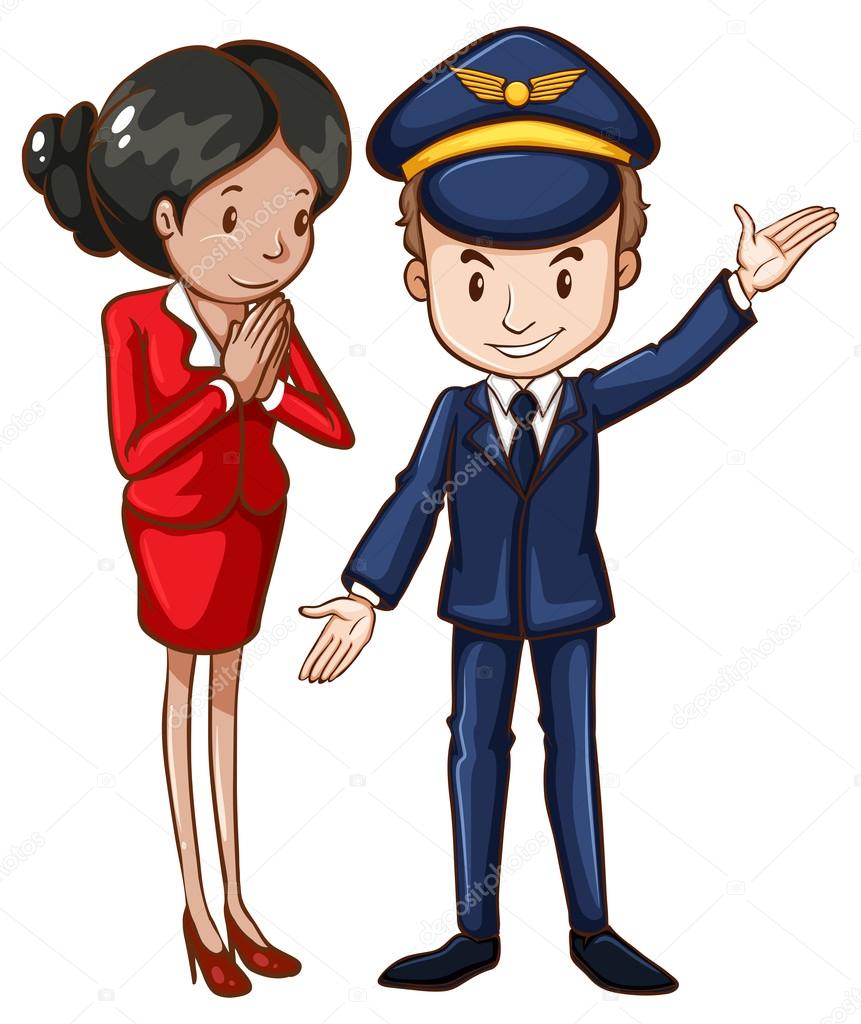 A simple drawing of an air hostess and a pilot