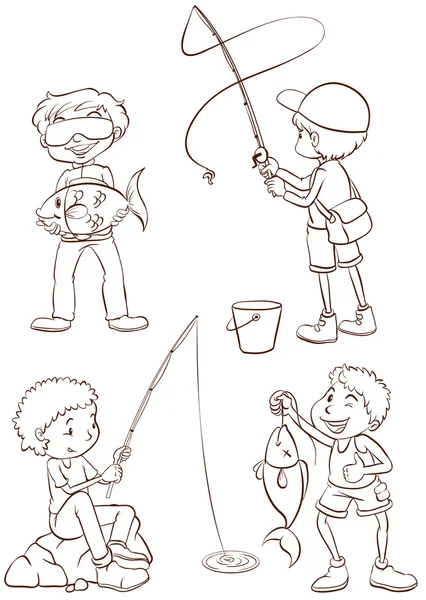 Plain sketches of the boys fishing — Stock Vector