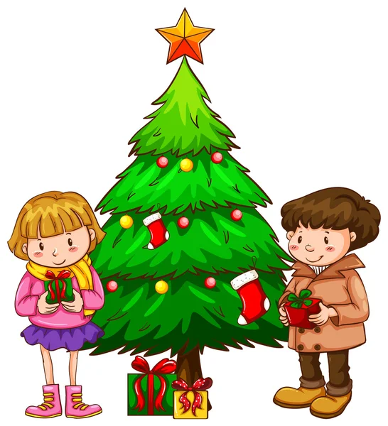 Un simple boceto de los niños cerca del árbol de Navidad — Vector de stock