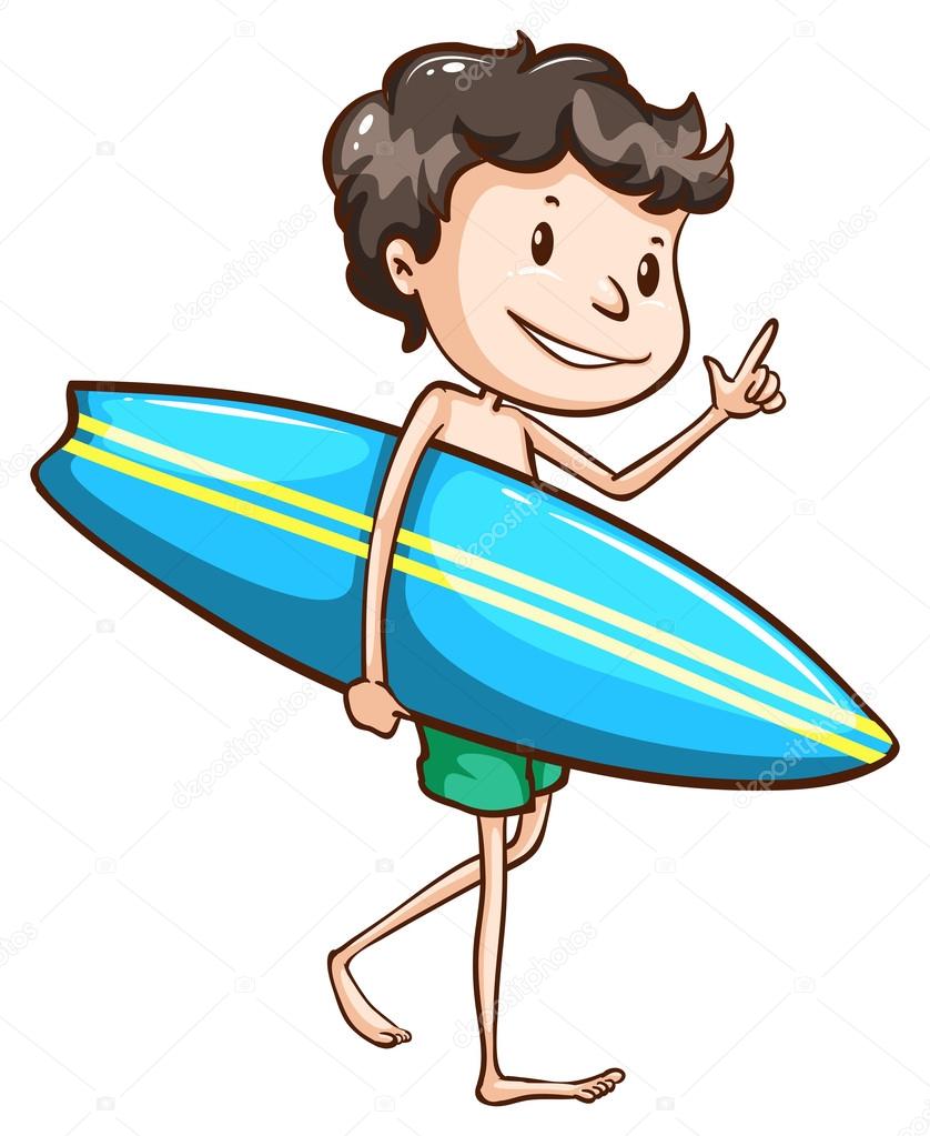 A simple drawing of a boy going to the beach with a surfing boar