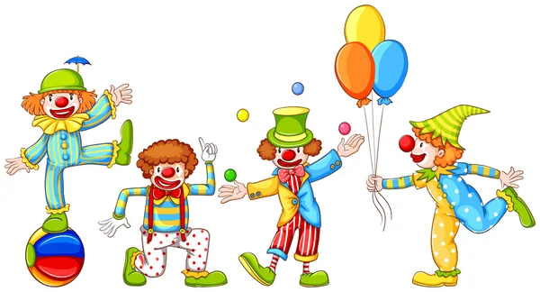 Un dessin simple de quatre clowns ludiques — Image vectorielle