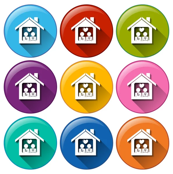 Round buttons with a family in a home — Stock Vector