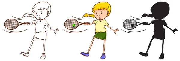 Три ескізи дівчини, яка грає в теніс — стоковий вектор