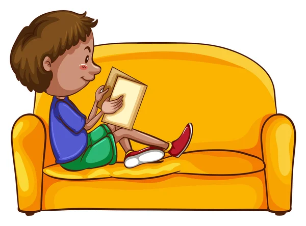 Un chico leyendo mientras está sentado — Vector de stock