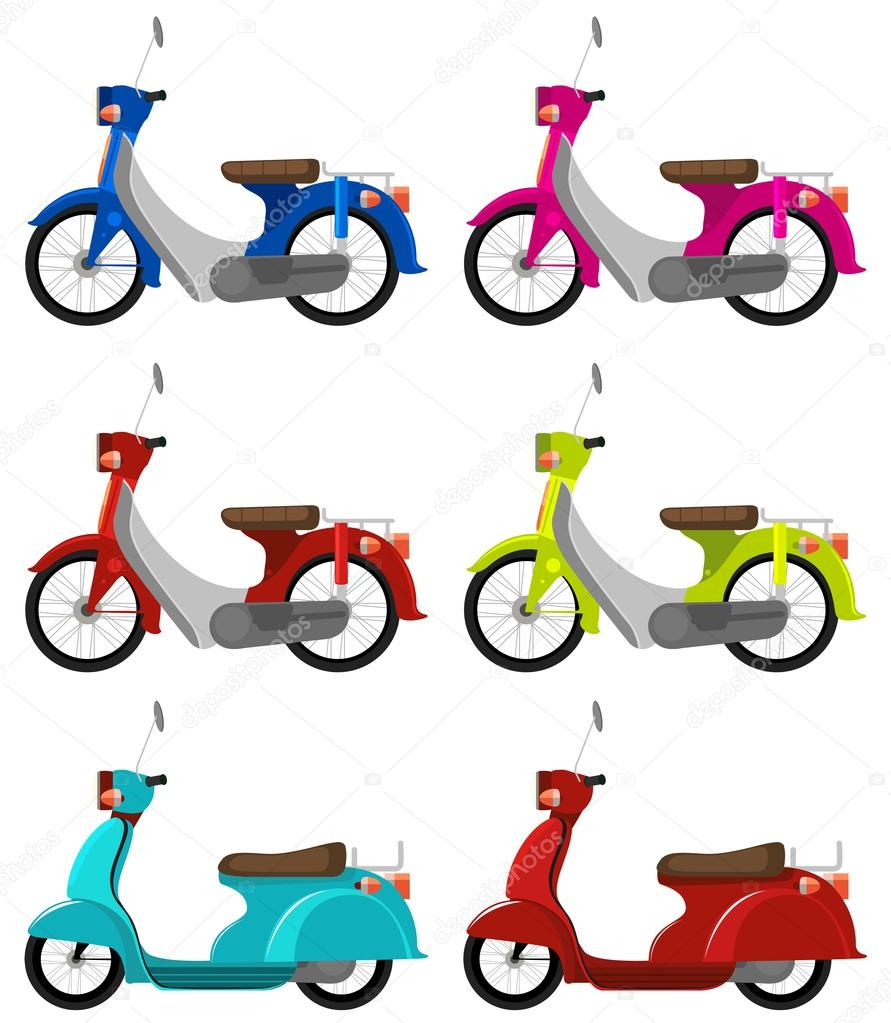 Six colourful scooters