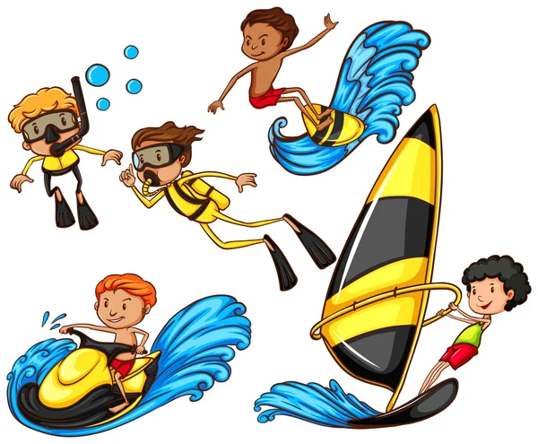 Um grupo de pessoas desfrutando das atividades de desportos aquáticos — Vetor de Stock