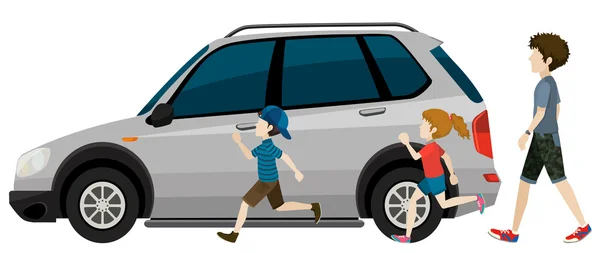 Kinder rennen in der Nähe des geparkten Fahrzeugs — Stockvektor