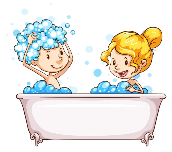 一个女孩和一个男孩在浴缸里 — 图库矢量图片