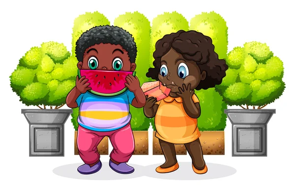Dos niños negros comiendo — Vector de stock