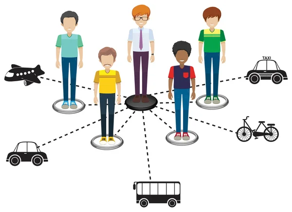 Cinco homens sem rosto com diferentes transportes —  Vetores de Stock