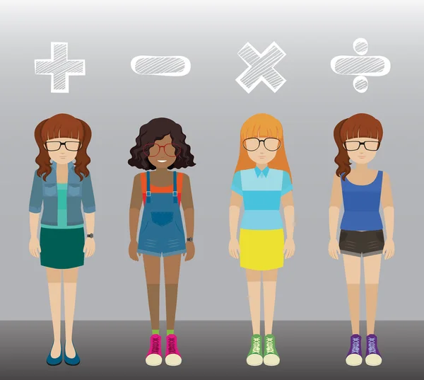 Четыре девушки с математическими операциями — стоковый вектор