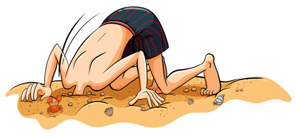 Мальчик прячет лицо в песок
