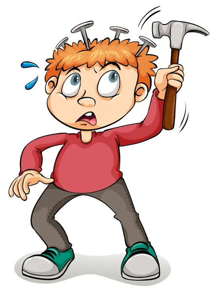 A young boy hammering his head — Stock Vector