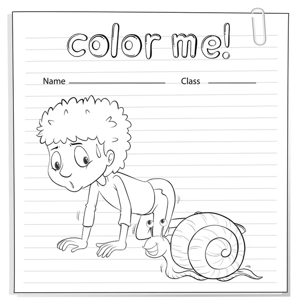 Ein farbiges Arbeitsblatt mit einem Kind und einer Schnecke — Stockvektor