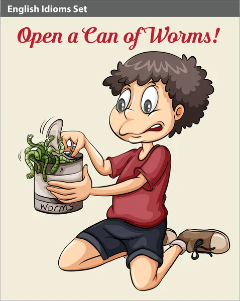 A boy opening a can of worms — Stock Vector